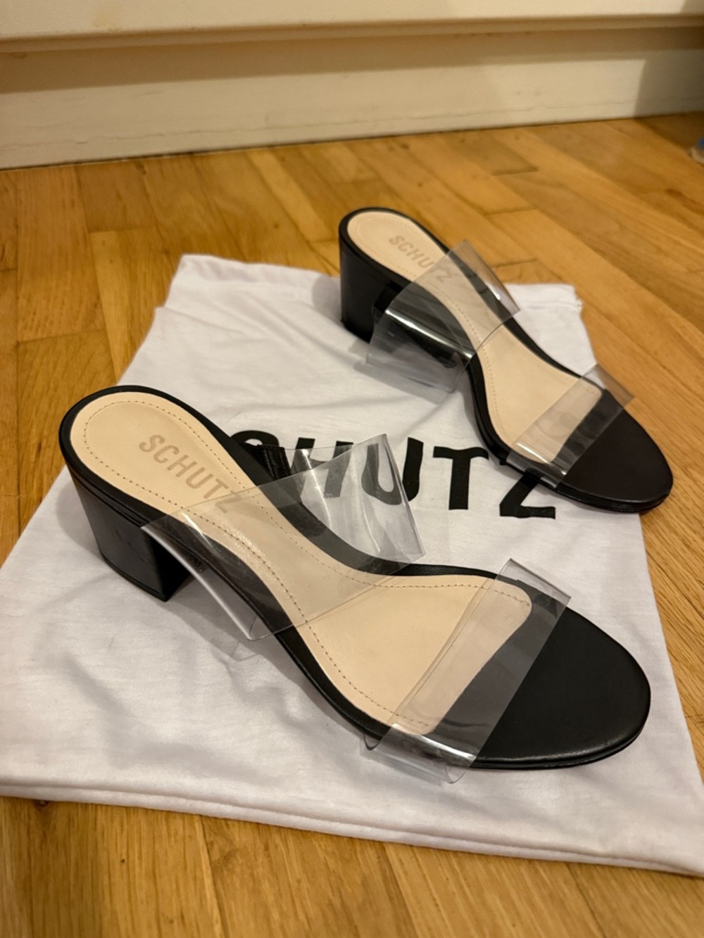 SCHUTZ Black & Clear Block Heel Slide Sandals Size 6.5